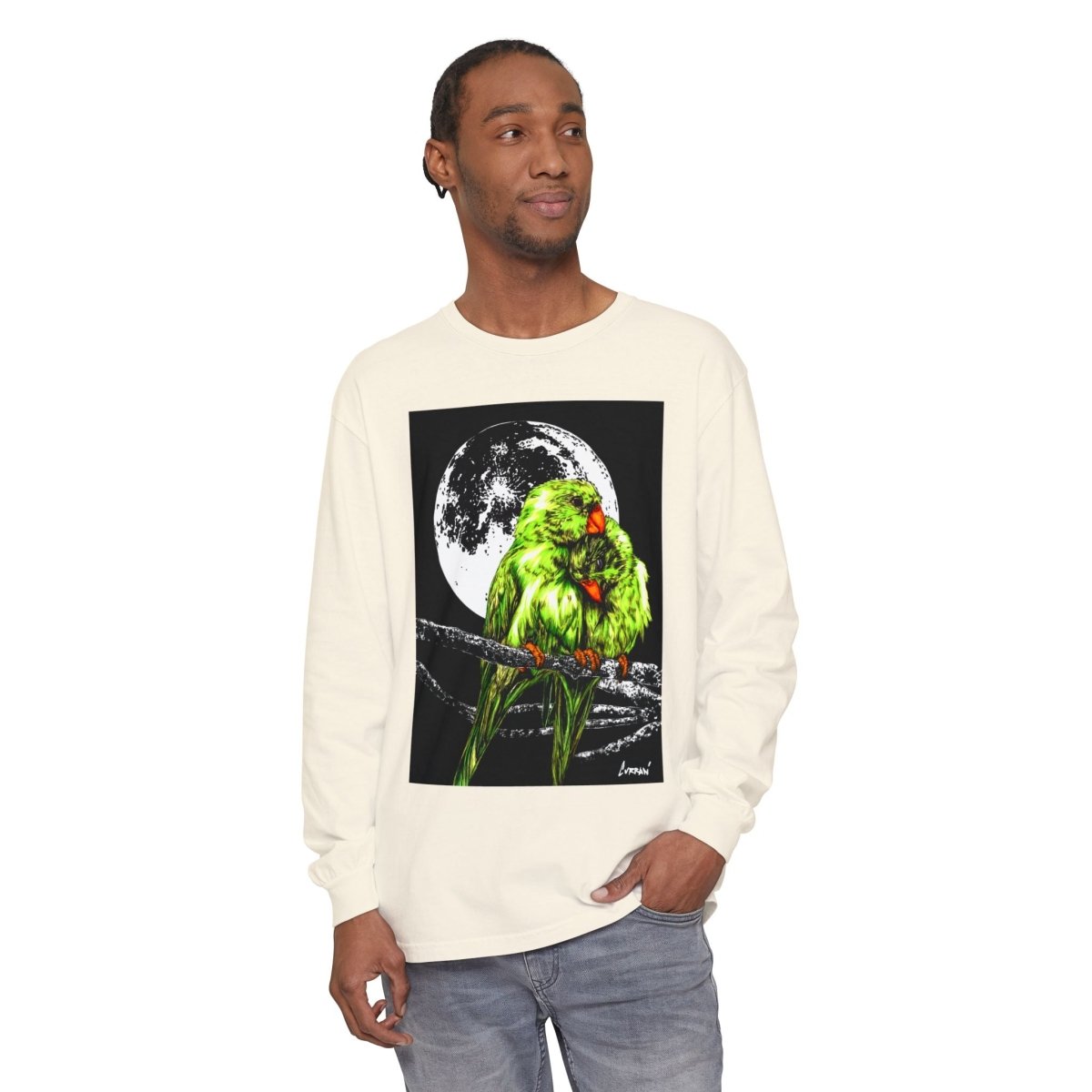 Moonlit Parrots Long Sleeve T-Shirt - Nature Lovers Unisex Tee - Curran Artworks
