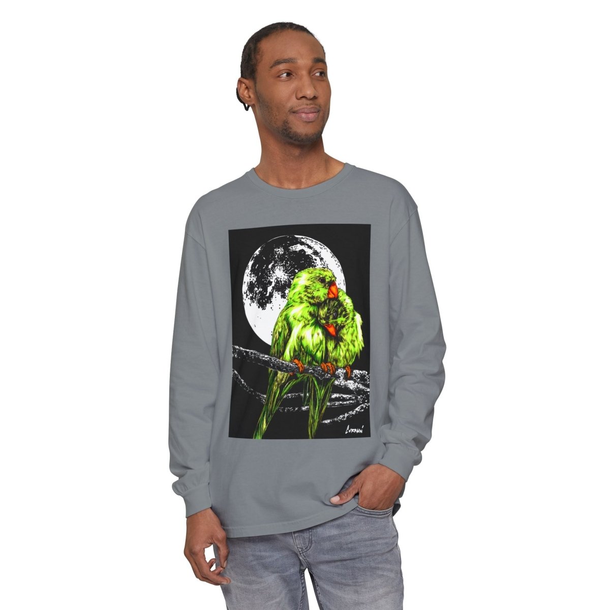 Moonlit Parrots Long Sleeve T-Shirt - Nature Lovers Unisex Tee - Curran Artworks