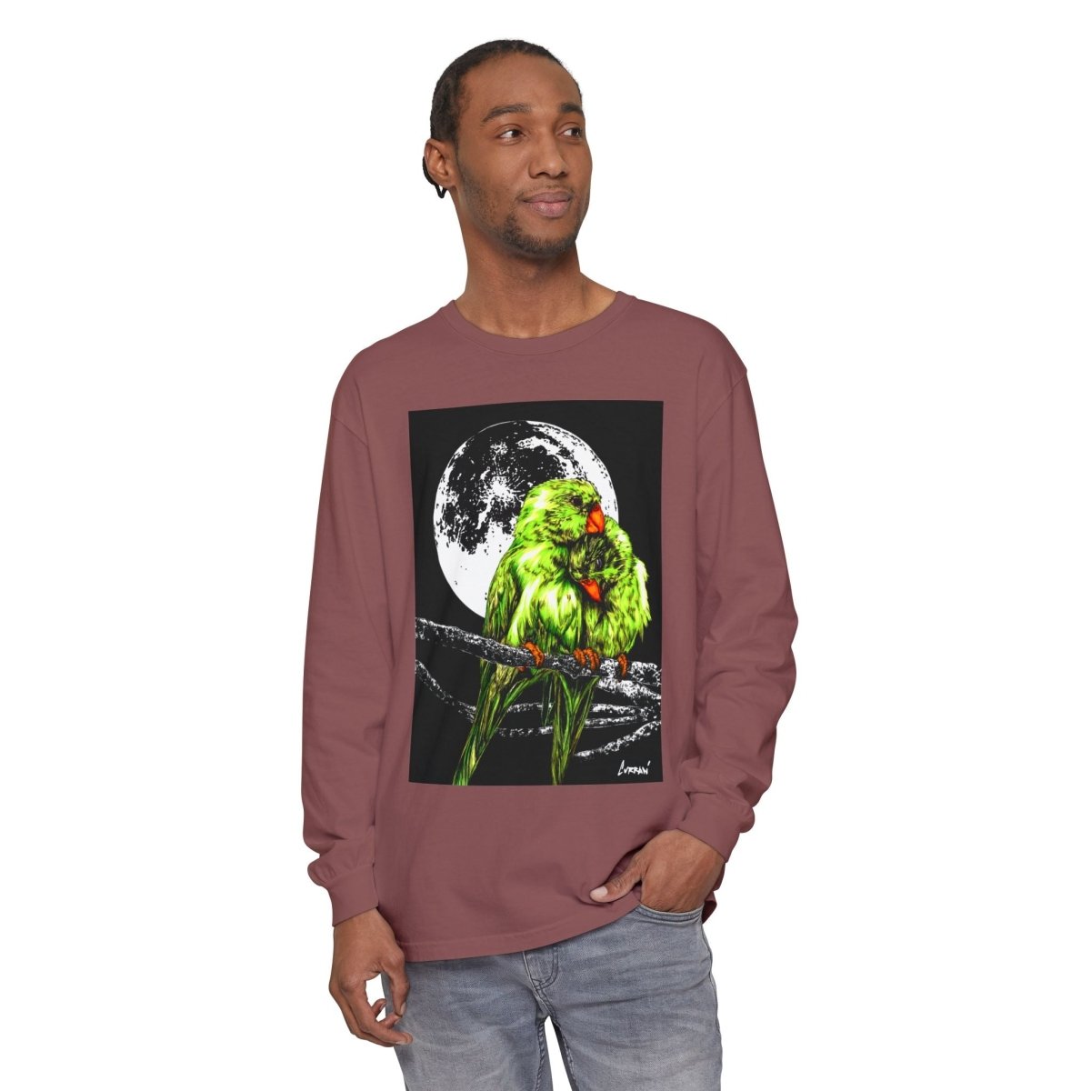 Moonlit Parrots Long Sleeve T-Shirt - Nature Lovers Unisex Tee - Curran Artworks