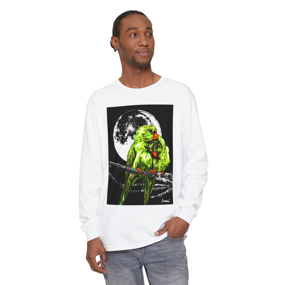 Moonlit Parrots Long Sleeve T-Shirt - Nature Lovers Unisex Tee - Curran Artworks