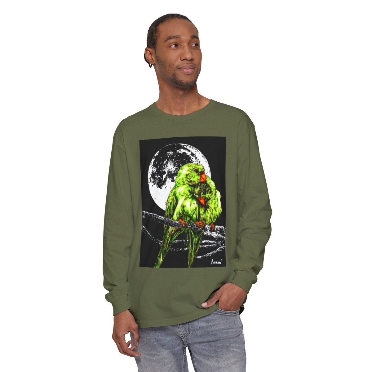 Moonlit Parrots Long Sleeve T-Shirt - Nature Lovers Unisex Tee - Curran Artworks