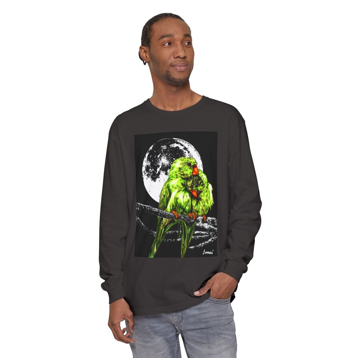 Moonlit Parrots Long Sleeve T-Shirt - Nature Lovers Unisex Tee - Curran Artworks