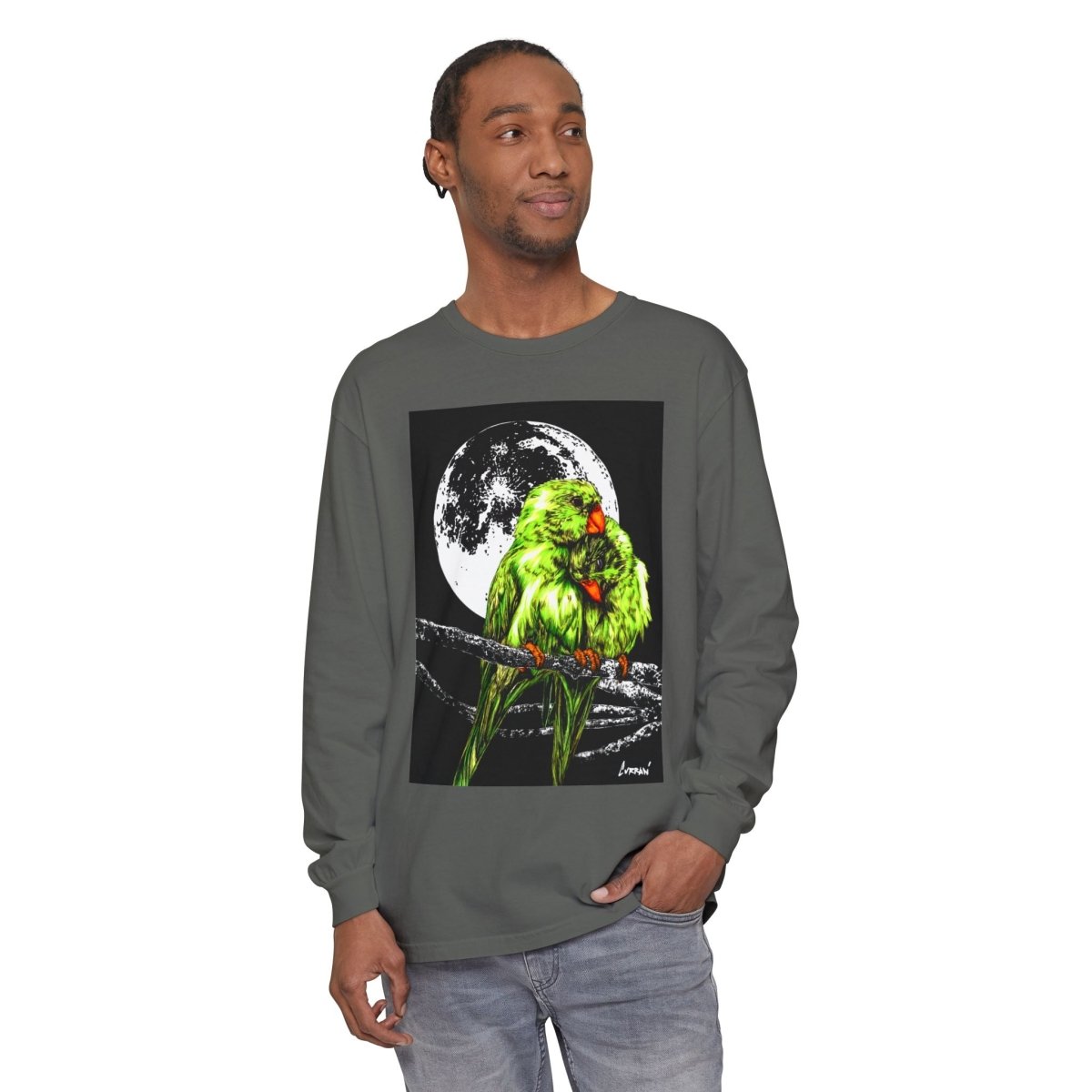 Moonlit Parrots Long Sleeve T-Shirt - Nature Lovers Unisex Tee - Curran Artworks