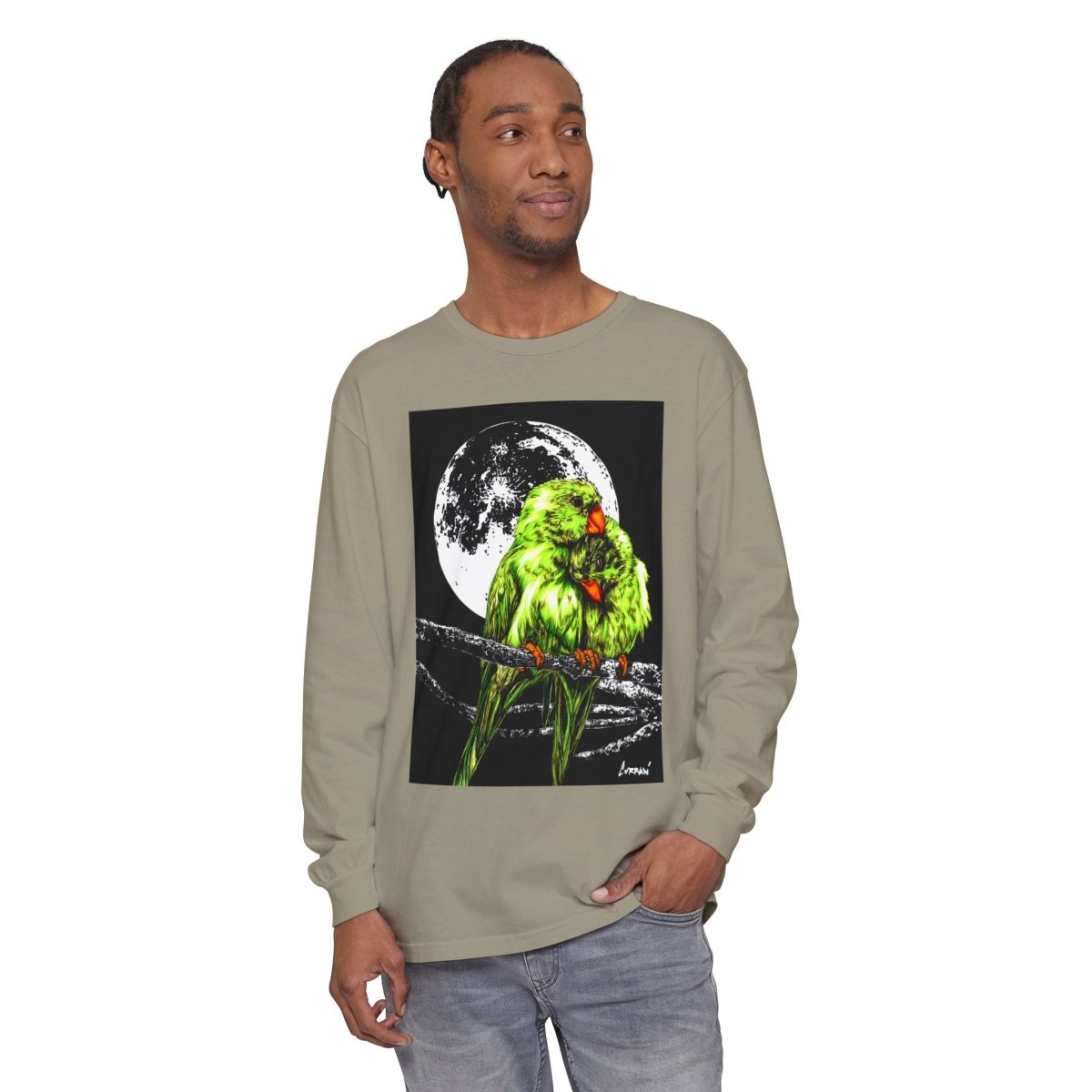 Moonlit Parrots Long Sleeve T-Shirt - Nature Lovers Unisex Tee - Curran Artworks