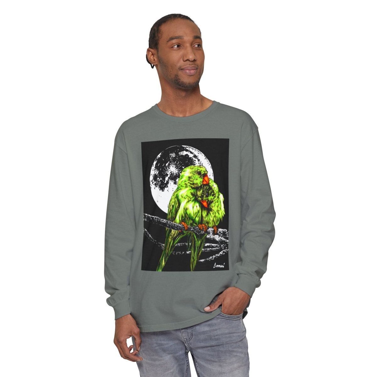 Moonlit Parrots Long Sleeve T-Shirt - Nature Lovers Unisex Tee - Curran Artworks