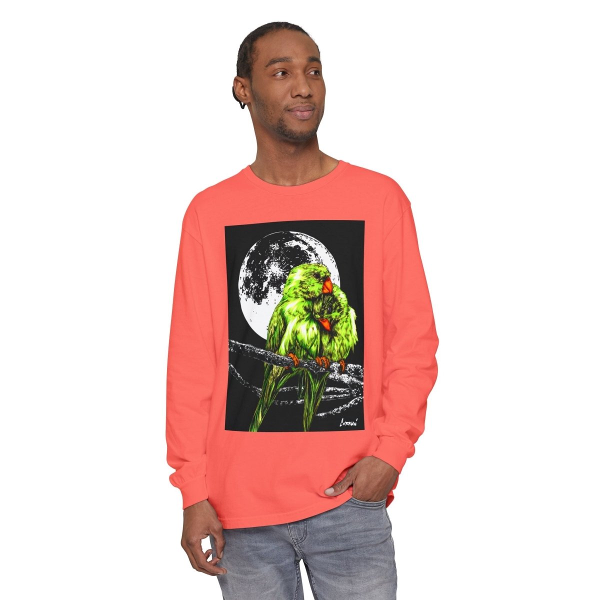 Moonlit Parrots Long Sleeve T-Shirt - Nature Lovers Unisex Tee - Curran Artworks