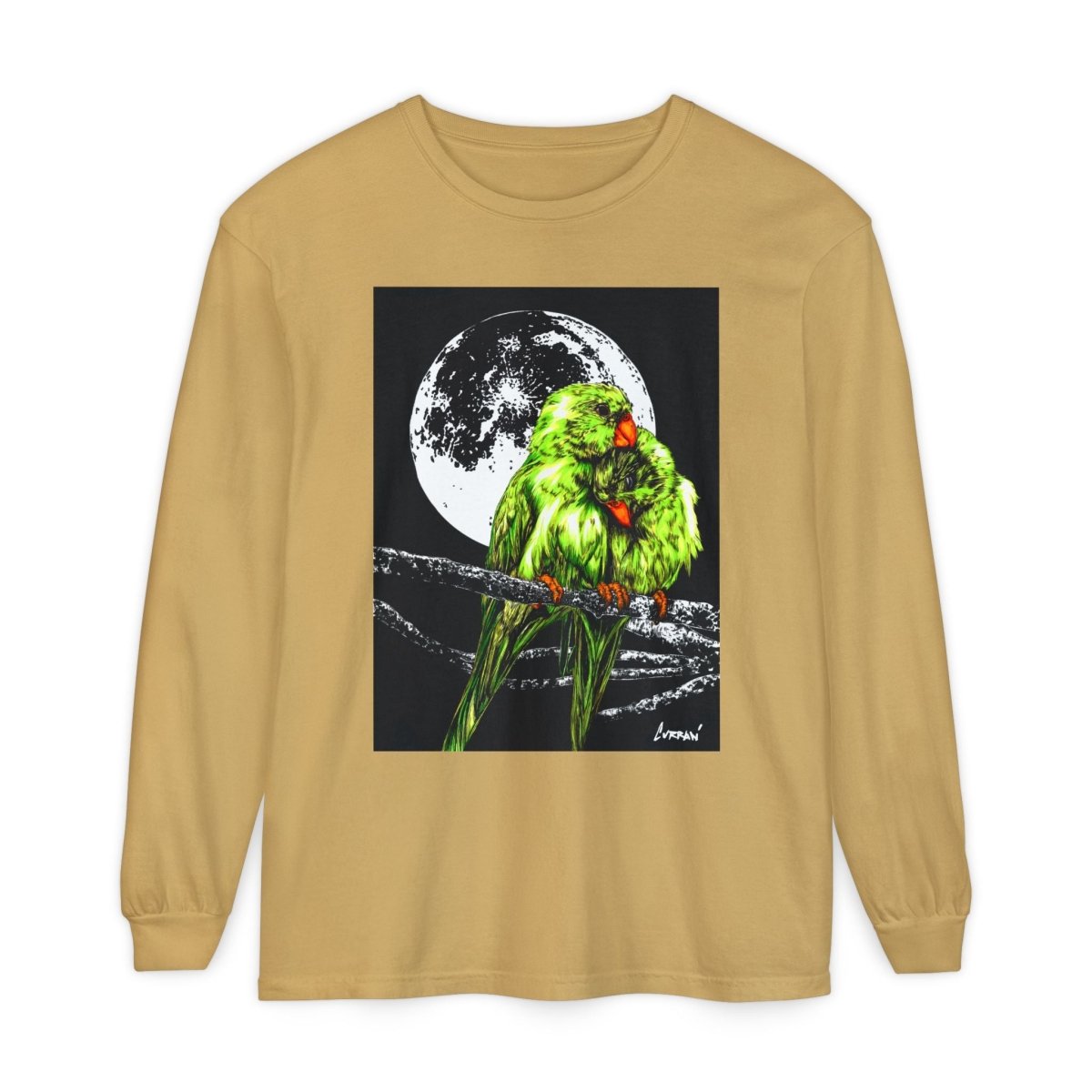 Moonlit Parrots Long Sleeve T-Shirt - Nature Lovers Unisex Tee - Curran Artworks
