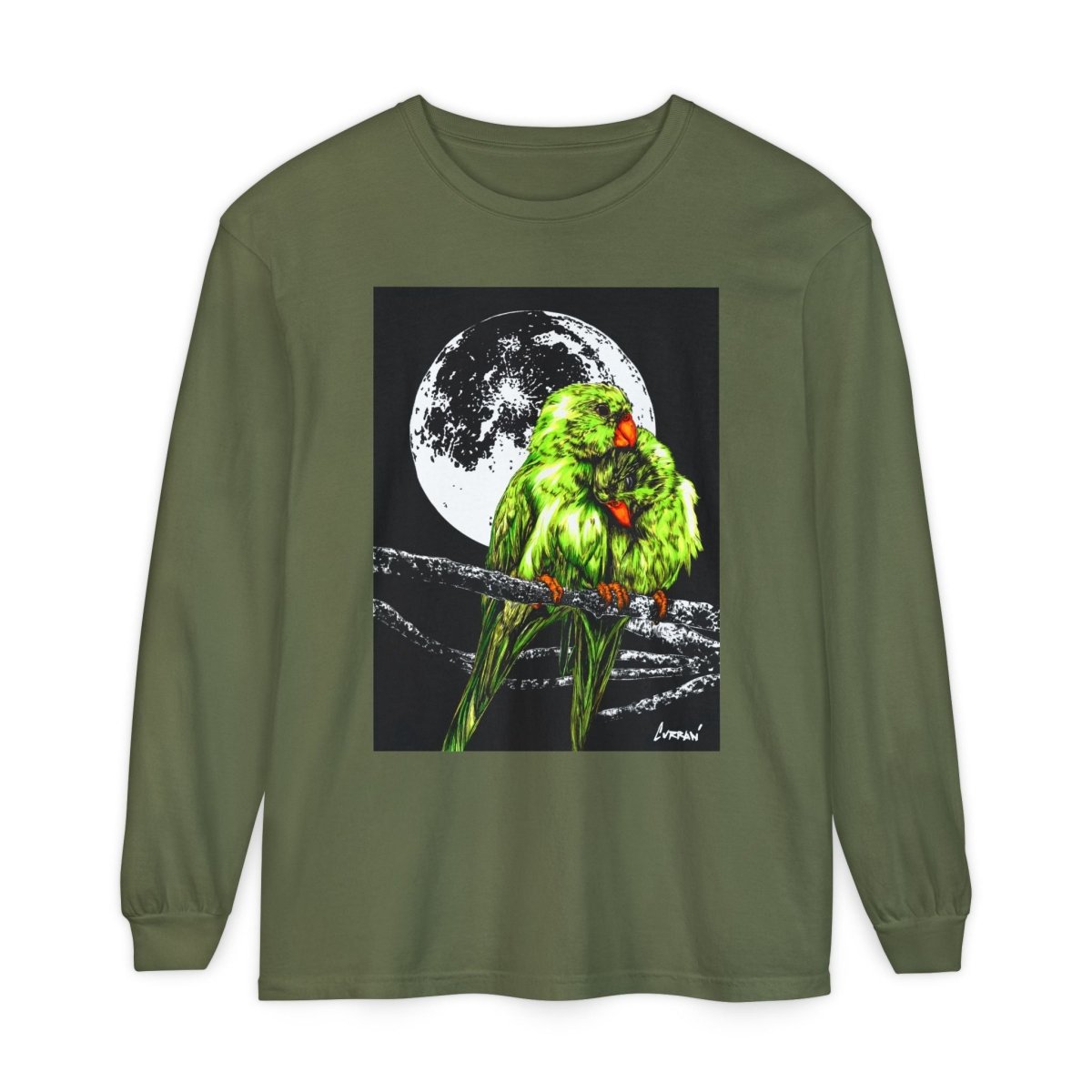 Moonlit Parrots Long Sleeve T-Shirt - Nature Lovers Unisex Tee - Curran Artworks