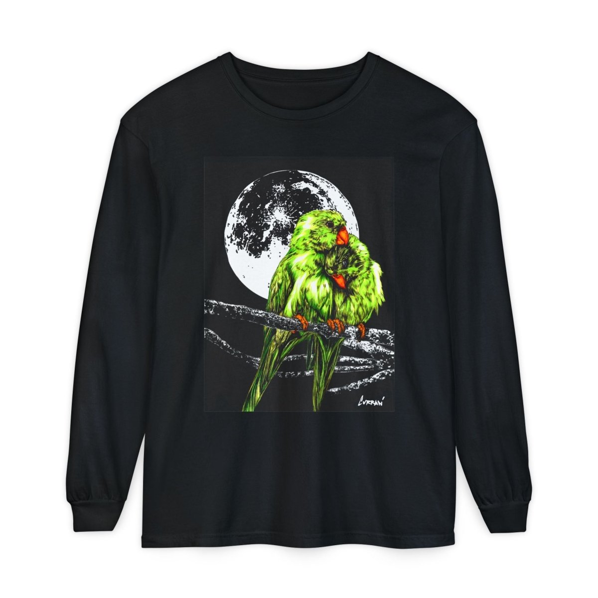 Moonlit Parrots Long Sleeve T-Shirt - Nature Lovers Unisex Tee - Curran Artworks