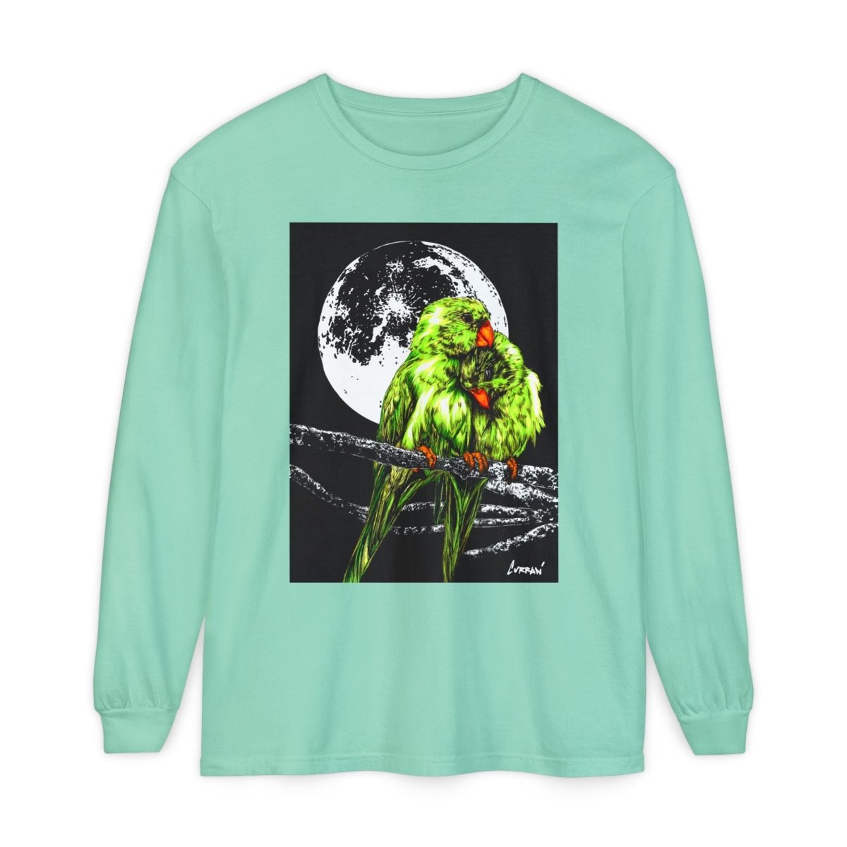 Moonlit Parrots Long Sleeve T-Shirt - Nature Lovers Unisex Tee - Curran Artworks
