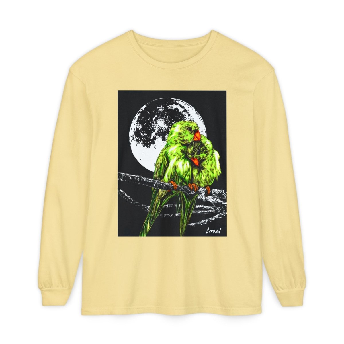 Moonlit Parrots Long Sleeve T-Shirt - Nature Lovers Unisex Tee - Curran Artworks