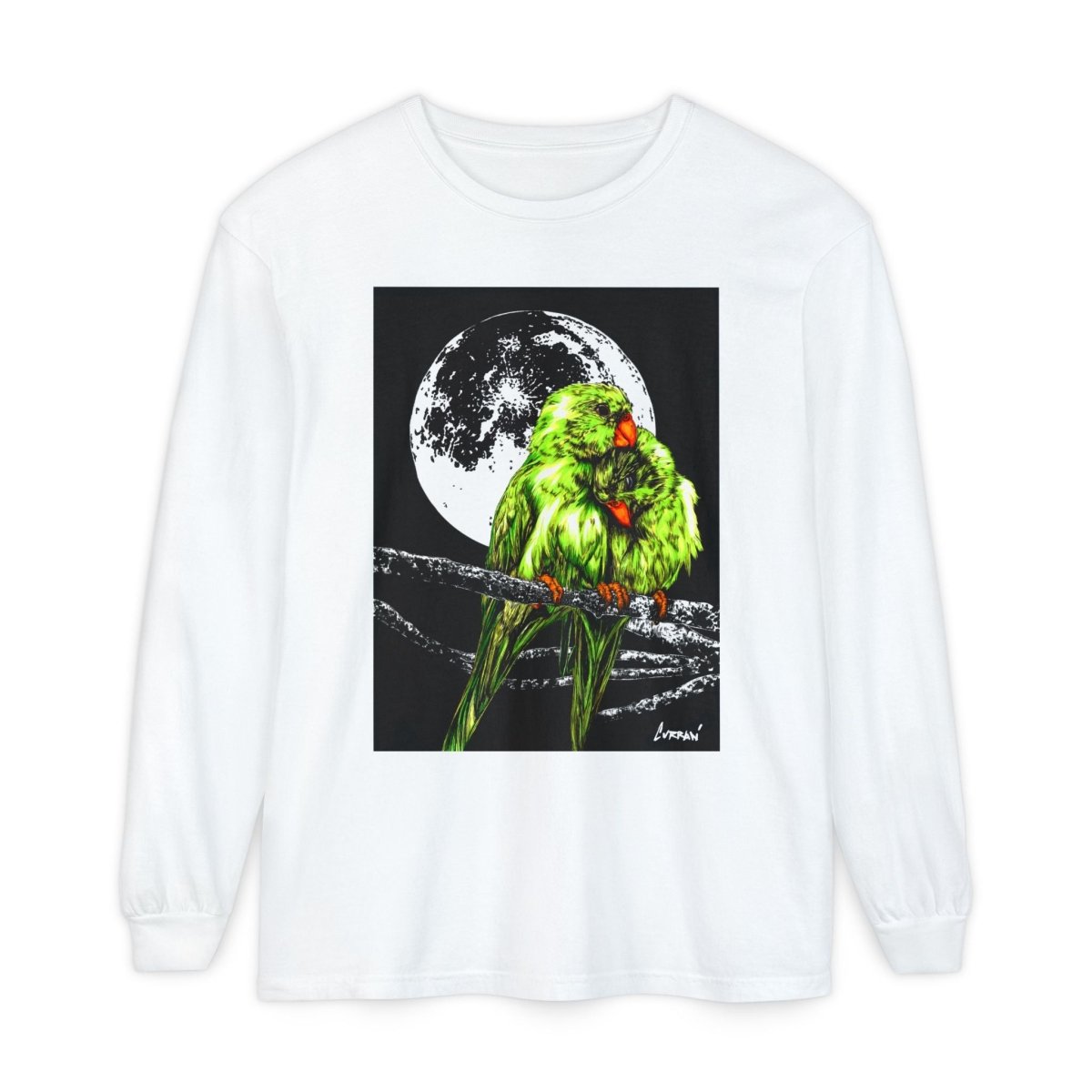 Moonlit Parrots Long Sleeve T-Shirt - Nature Lovers Unisex Tee - Curran Artworks
