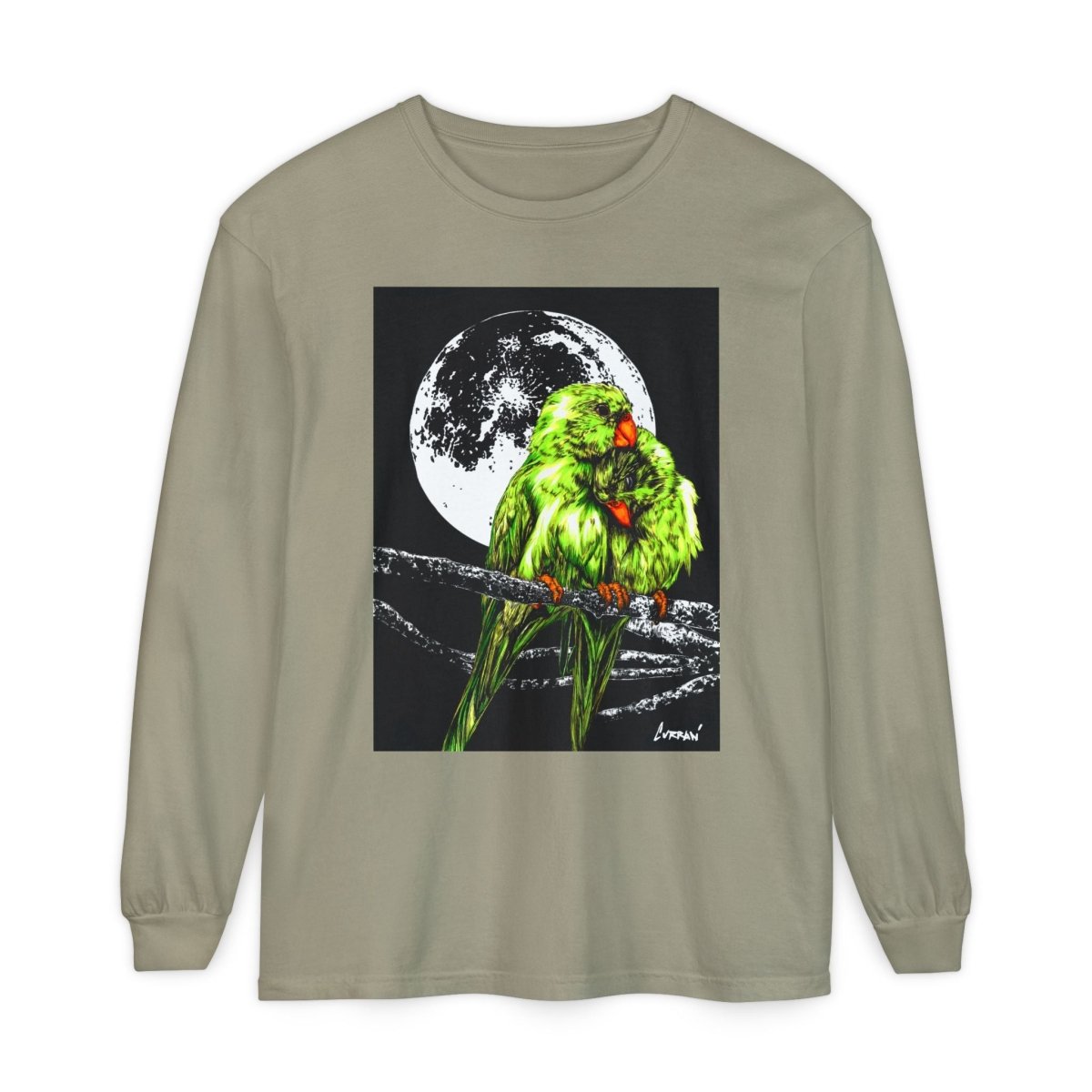 Moonlit Parrots Long Sleeve T-Shirt - Nature Lovers Unisex Tee - Curran Artworks