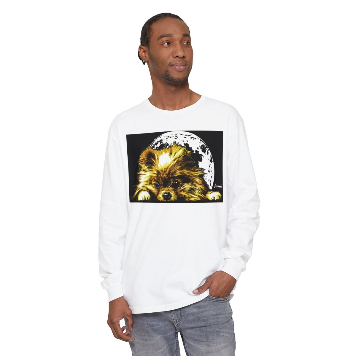 Moonlit Pomeranian Long Sleeve T-Shirt - Unisex - Cozy Dog Lover Tee - Curran Artworks