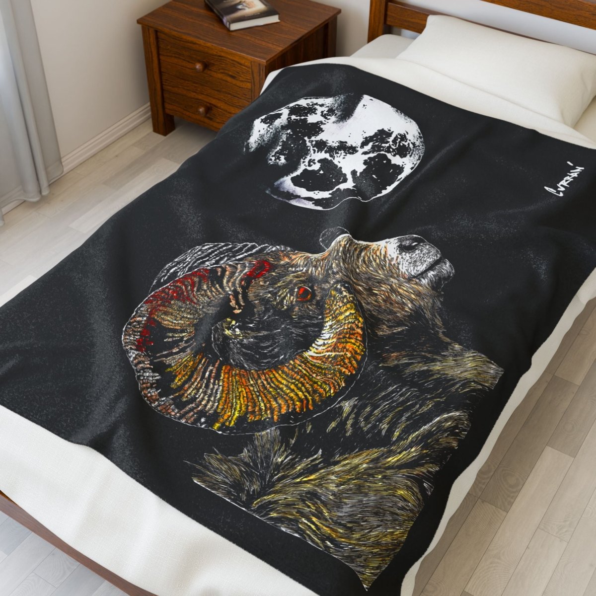 Moonlit Ram Plush Blanket - Cozy Wildlife Decor - Curran Artworks