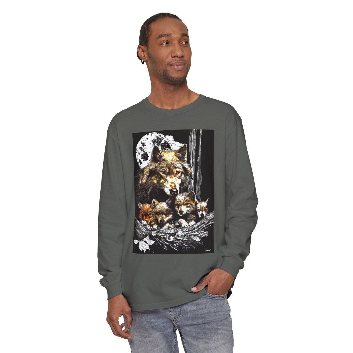 Moonlit Wolf Family Long Sleeve Tee - Unisex Garment - Dyed T-Shirt - Curran Artworks