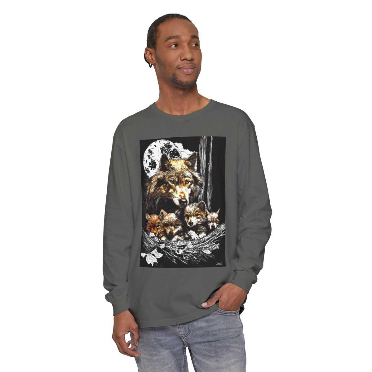 Wolf Family Long Sleeve Tee - Unisex Garment-Dyed T-Shirt