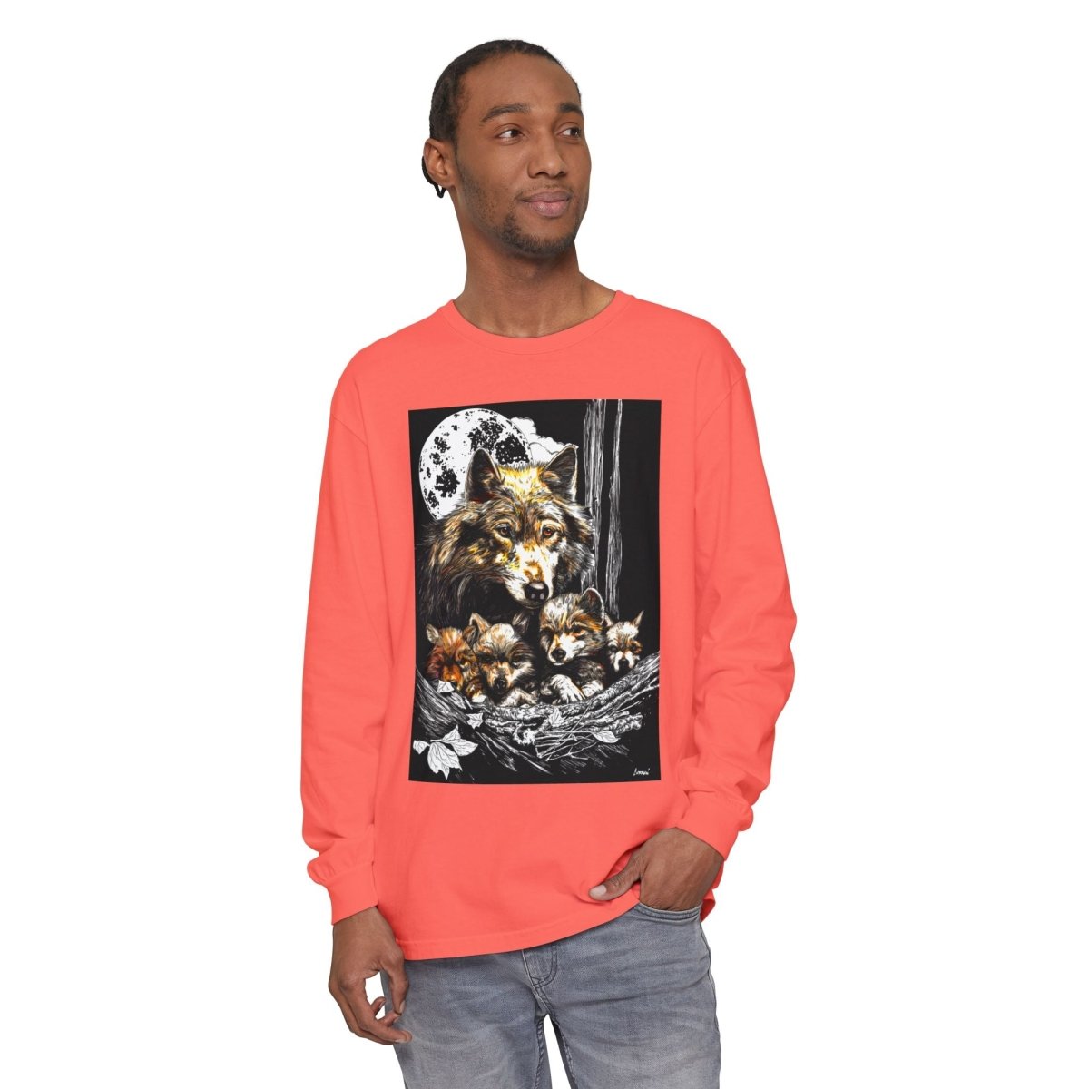 Moonlit Wolf Family Long Sleeve Tee - Unisex Garment - Dyed T-Shirt - Curran Artworks