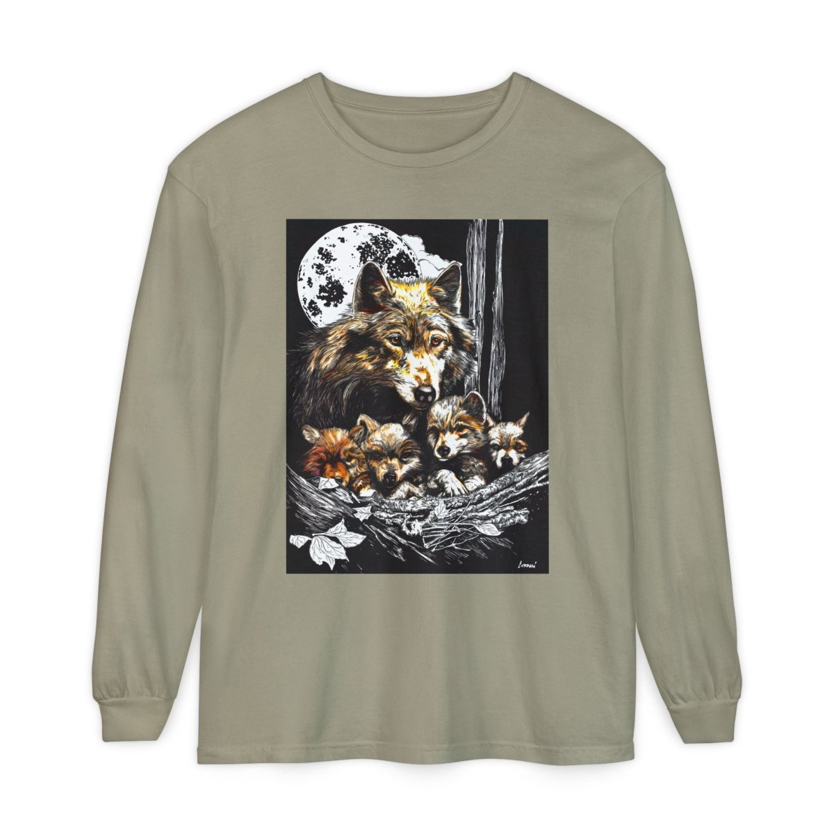 Moonlit Wolf Family Long Sleeve Tee - Unisex Garment - Dyed T-Shirt - Curran Artworks