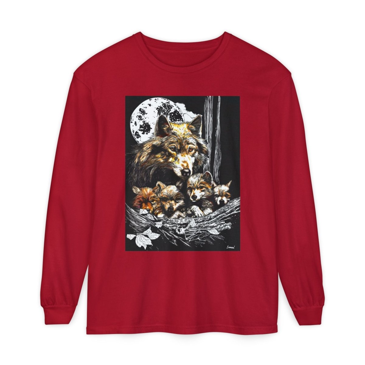Moonlit Wolf Family Long Sleeve Tee - Unisex Garment - Dyed T-Shirt - Curran Artworks