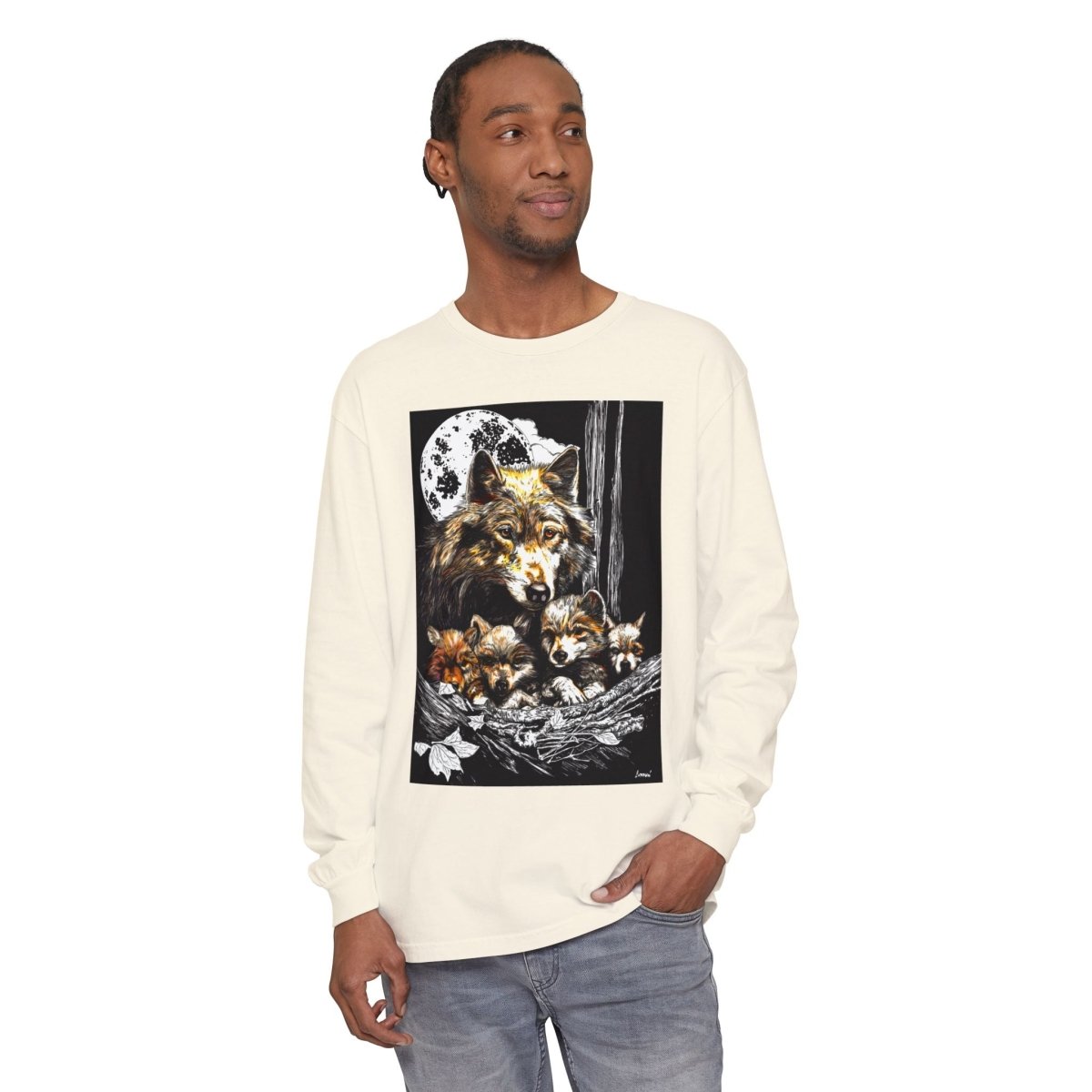 Moonlit Wolf Family Long Sleeve Tee - Unisex Garment - Dyed T-Shirt - Curran Artworks