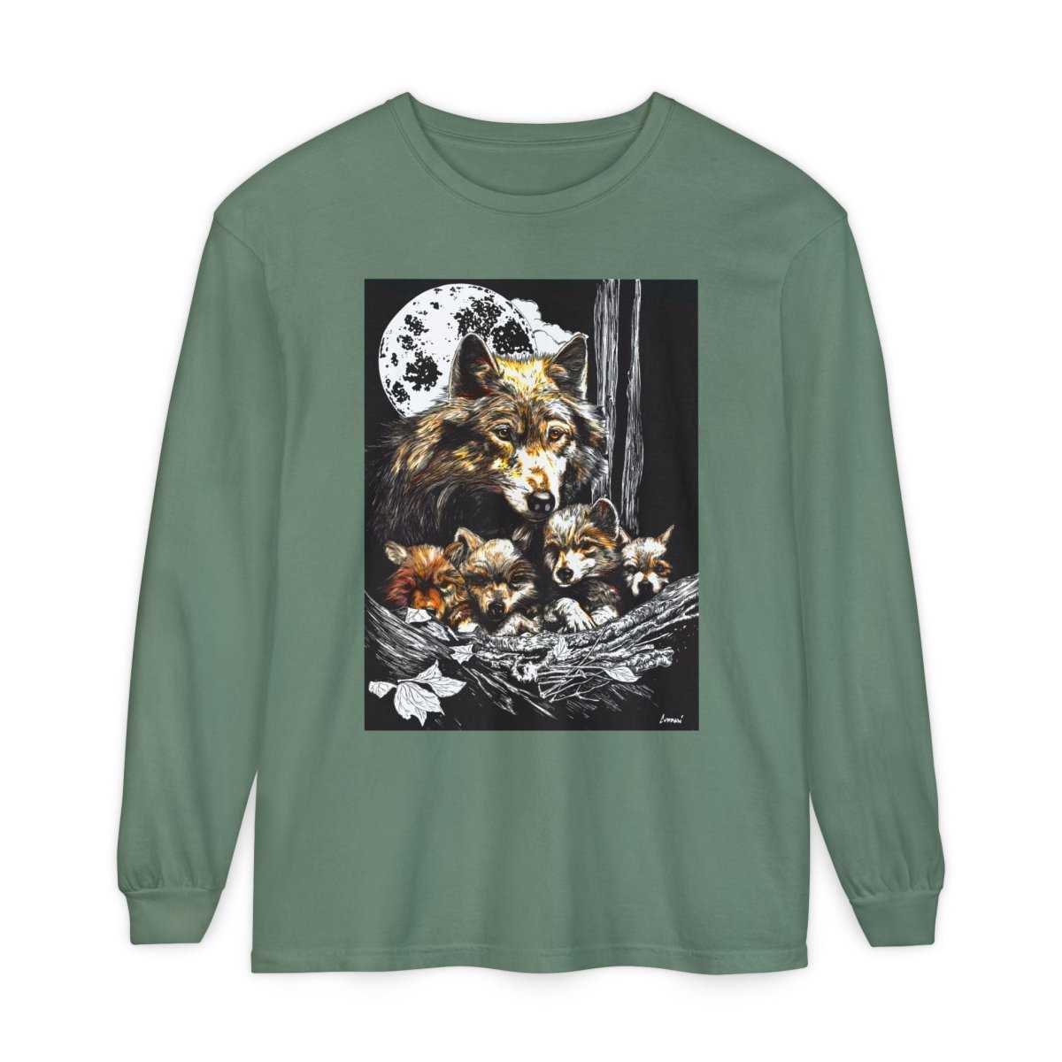 Moonlit Wolf Family Long Sleeve Tee - Unisex Garment - Dyed T-Shirt - Curran Artworks