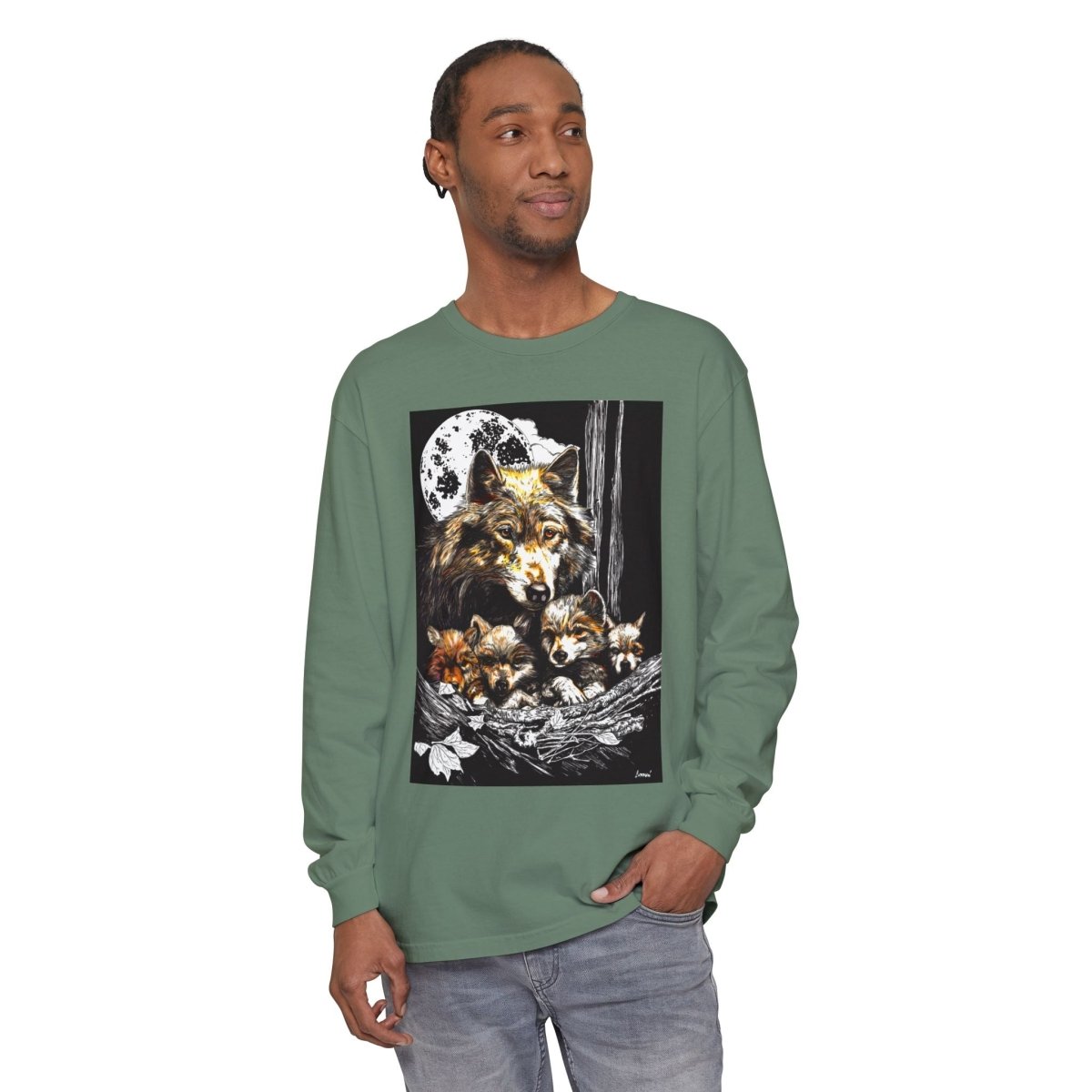 Moonlit Wolf Family Long Sleeve Tee - Unisex Garment - Dyed T-Shirt - Curran Artworks