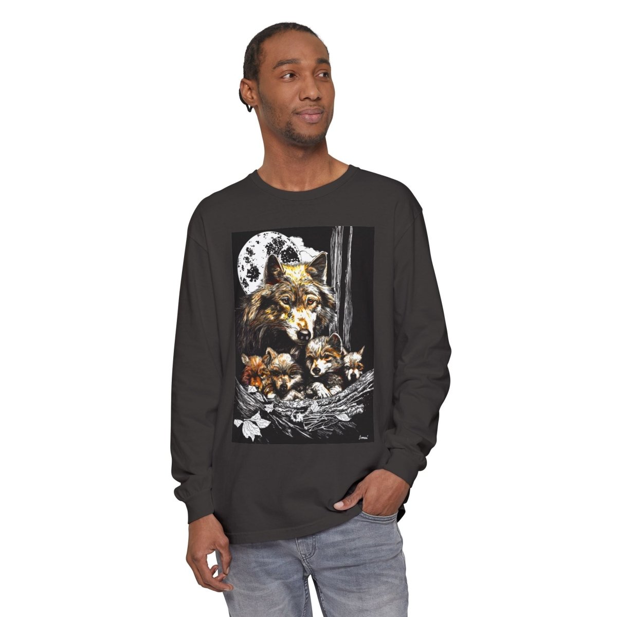 Moonlit Wolf Family Long Sleeve Tee - Unisex Garment - Dyed T-Shirt - Curran Artworks