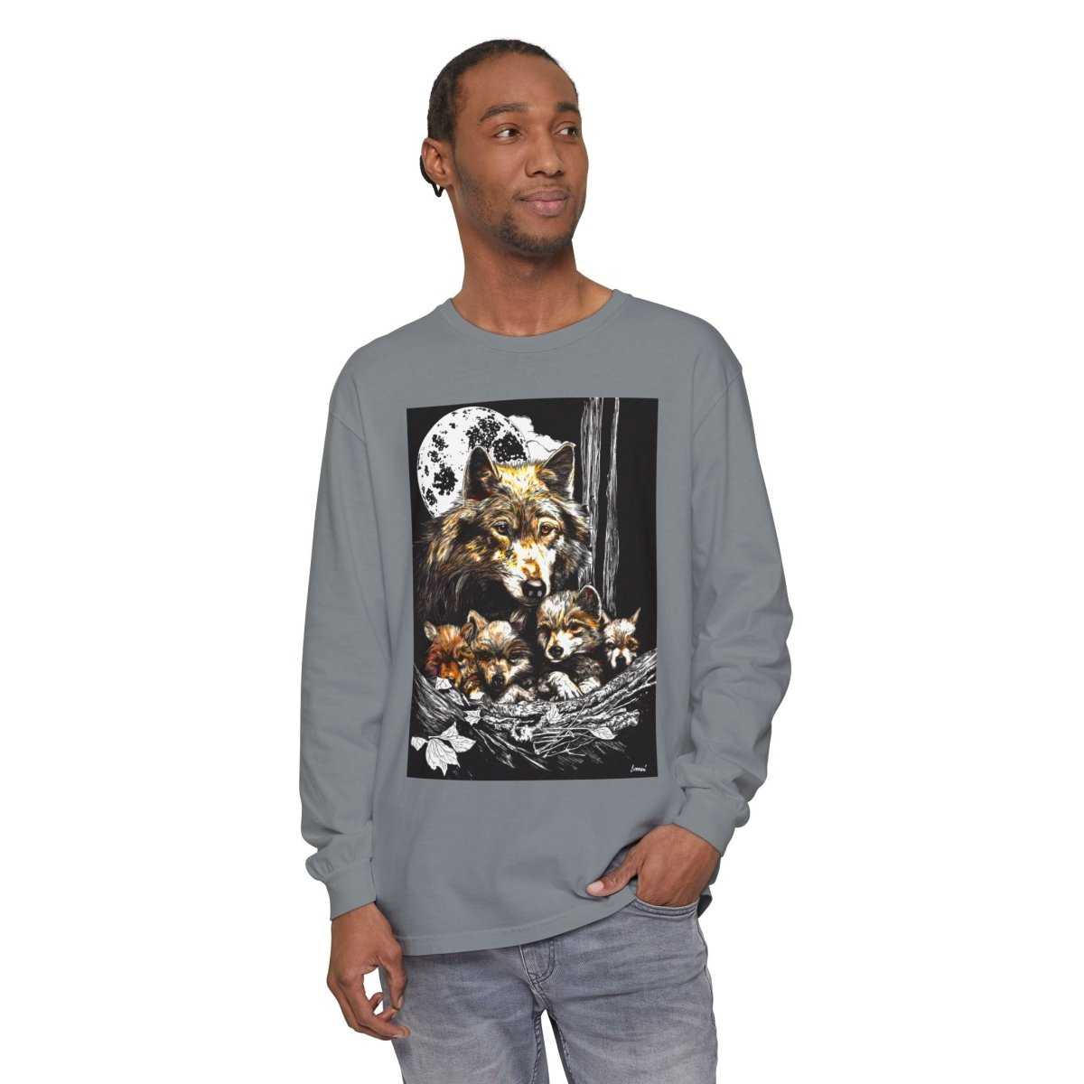 Wolf Family Long Sleeve Tee - Unisex Garment-Dyed T-Shirt