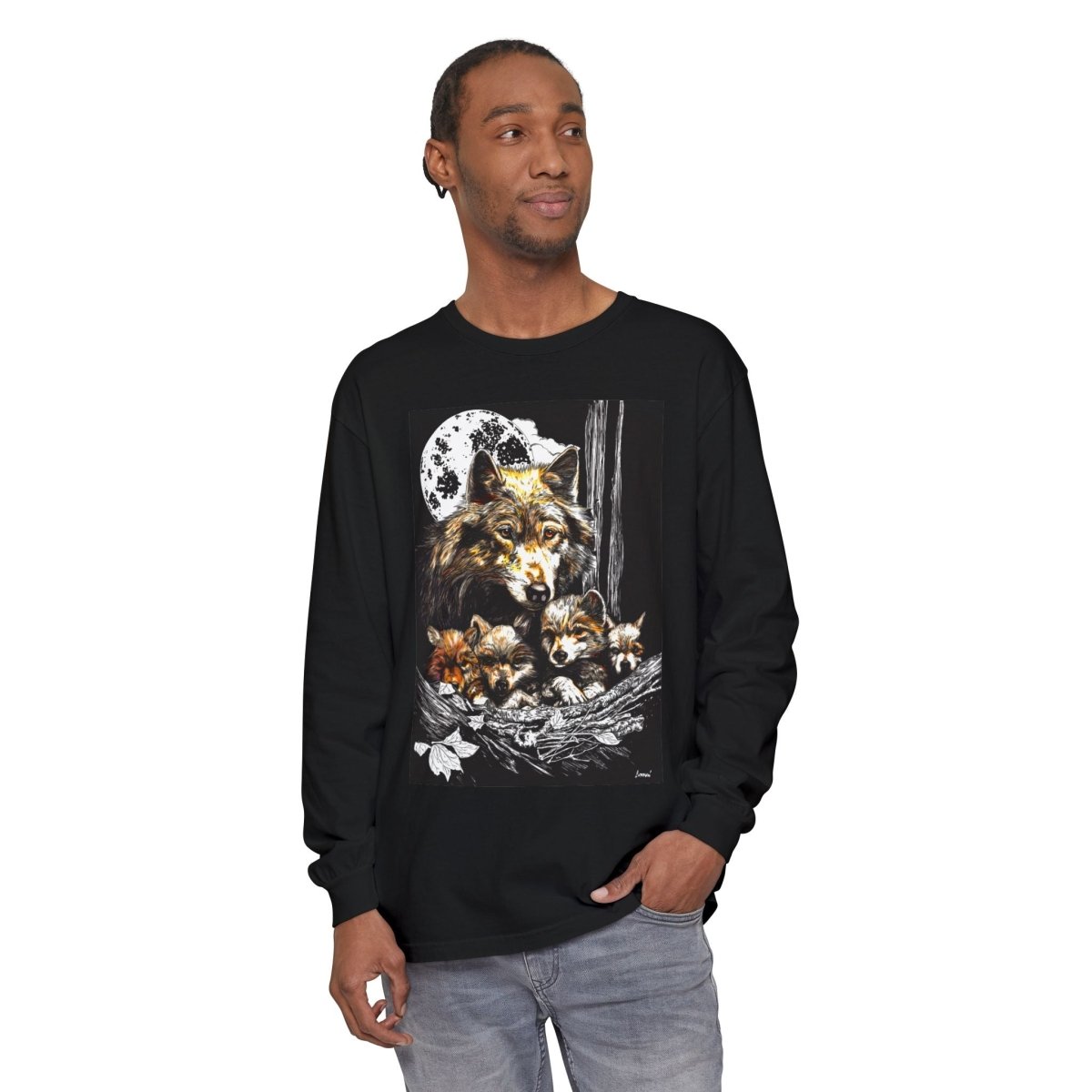 Moonlit Wolf Family Long Sleeve Tee - Unisex Garment - Dyed T-Shirt - Curran Artworks