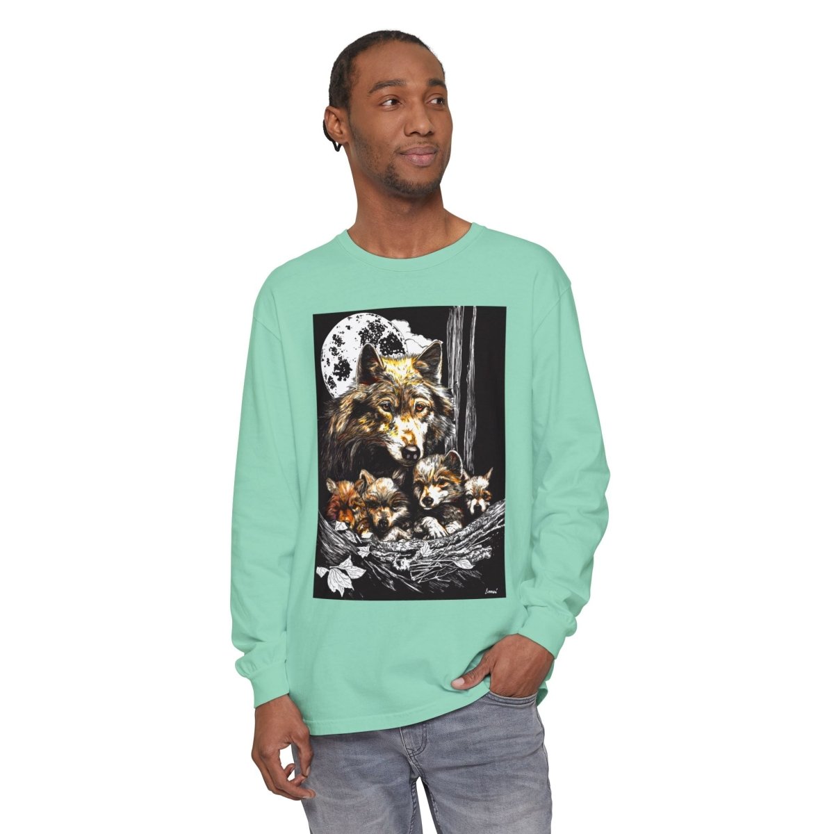 Moonlit Wolf Family Long Sleeve Tee - Unisex Garment - Dyed T-Shirt - Curran Artworks