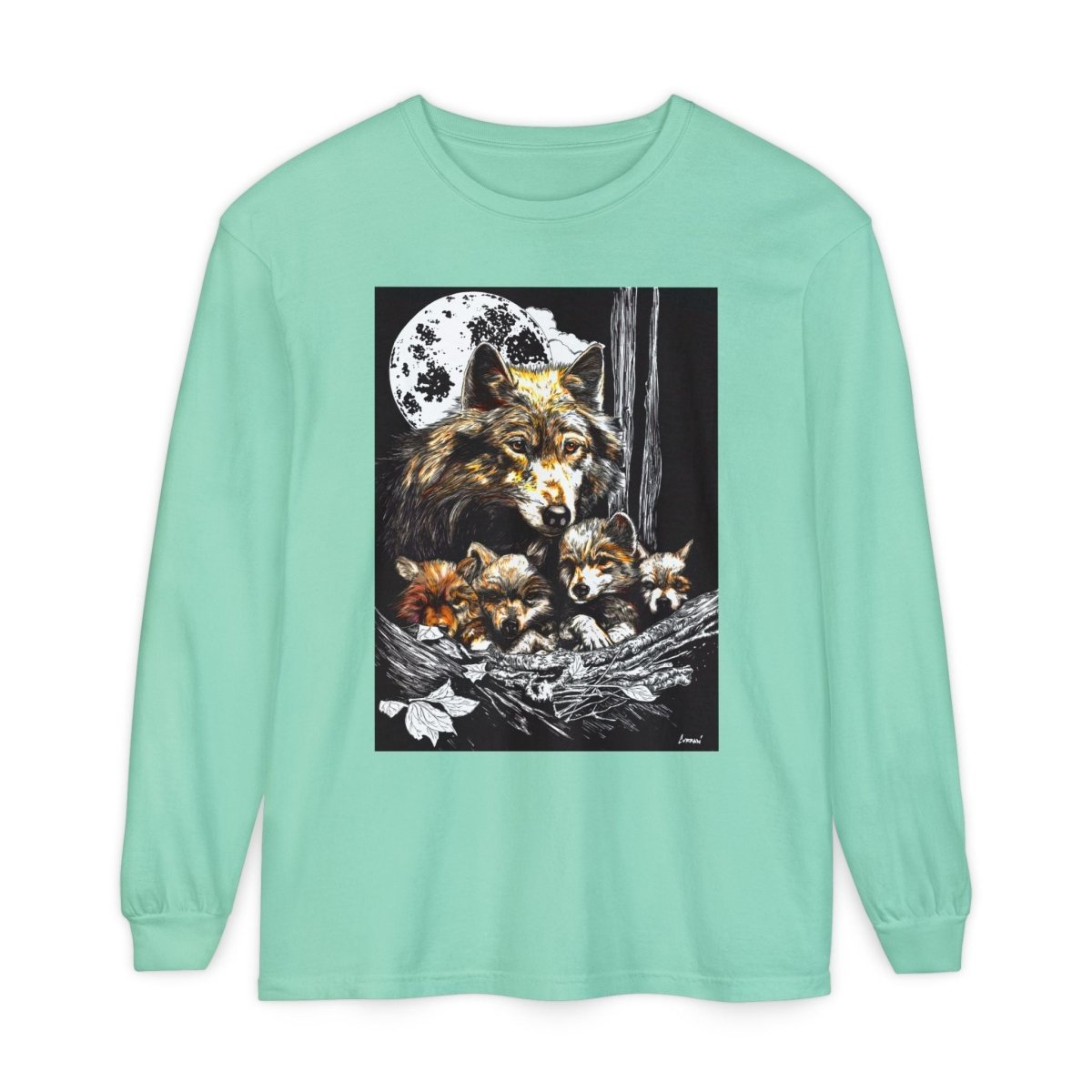 Moonlit Wolf Family Long Sleeve Tee - Unisex Garment - Dyed T-Shirt - Curran Artworks