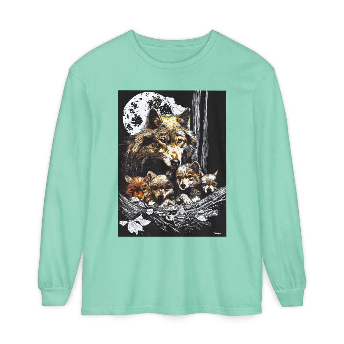 Moonlit Wolf Family Long Sleeve Tee - Unisex Garment - Dyed T-Shirt - Curran Artworks