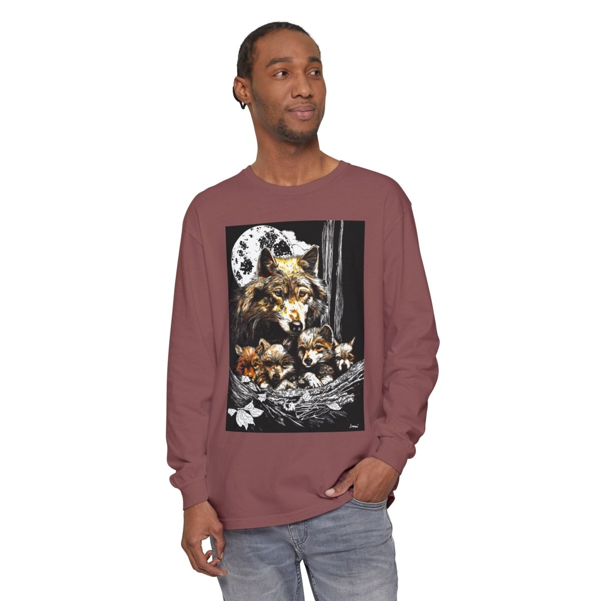 Moonlit Wolf Family Long Sleeve Tee - Unisex Garment - Dyed T-Shirt - Curran Artworks