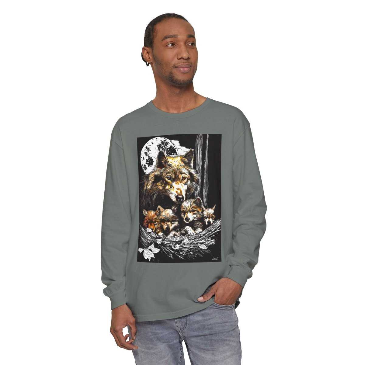 Wolf Family Long Sleeve Tee - Unisex Garment-Dyed T-Shirt