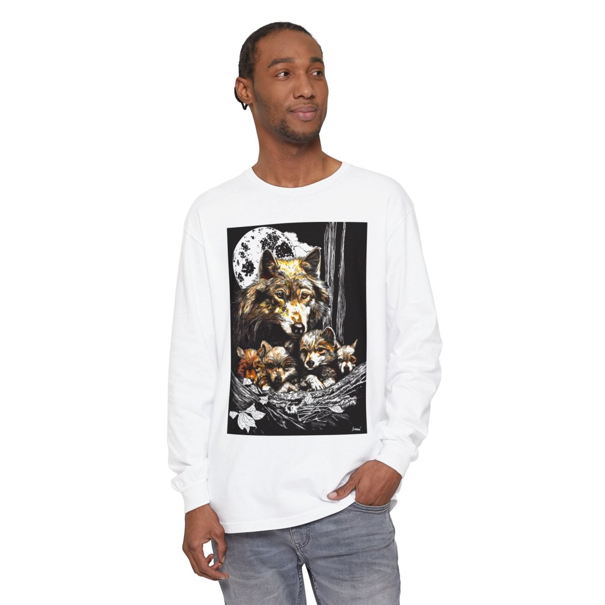 Moonlit Wolf Family Long Sleeve Tee - Unisex Garment - Dyed T-Shirt - Curran Artworks