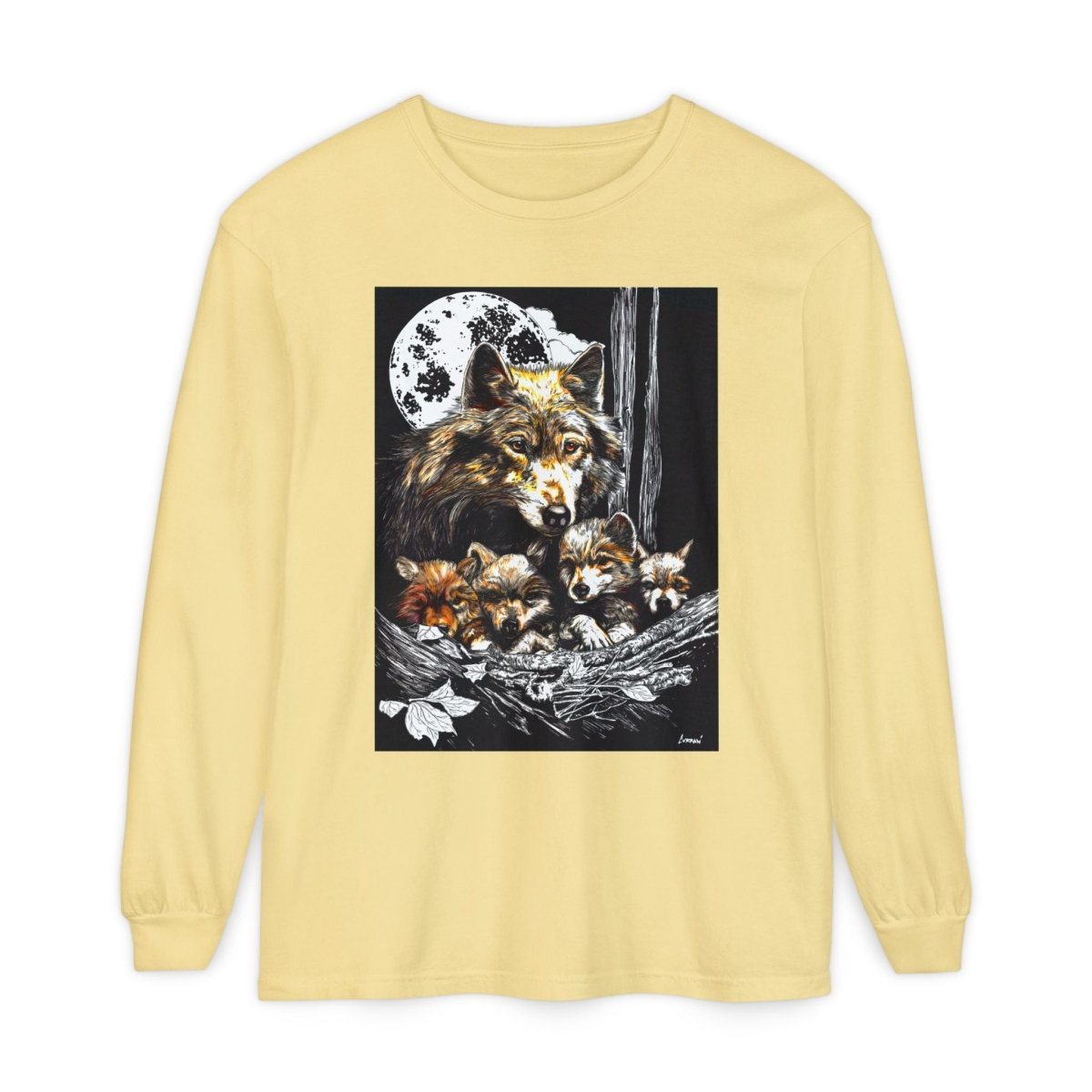 Moonlit Wolf Family Long Sleeve Tee - Unisex Garment - Dyed T-Shirt - Curran Artworks
