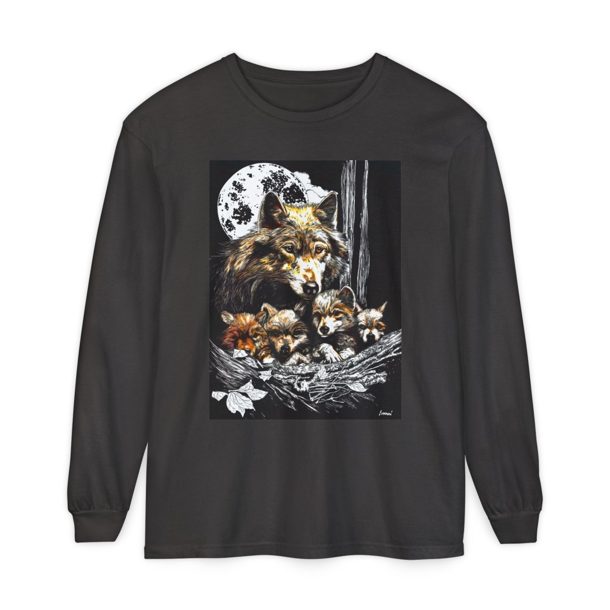 Moonlit Wolf Family Long Sleeve Tee - Unisex Garment - Dyed T-Shirt - Curran Artworks