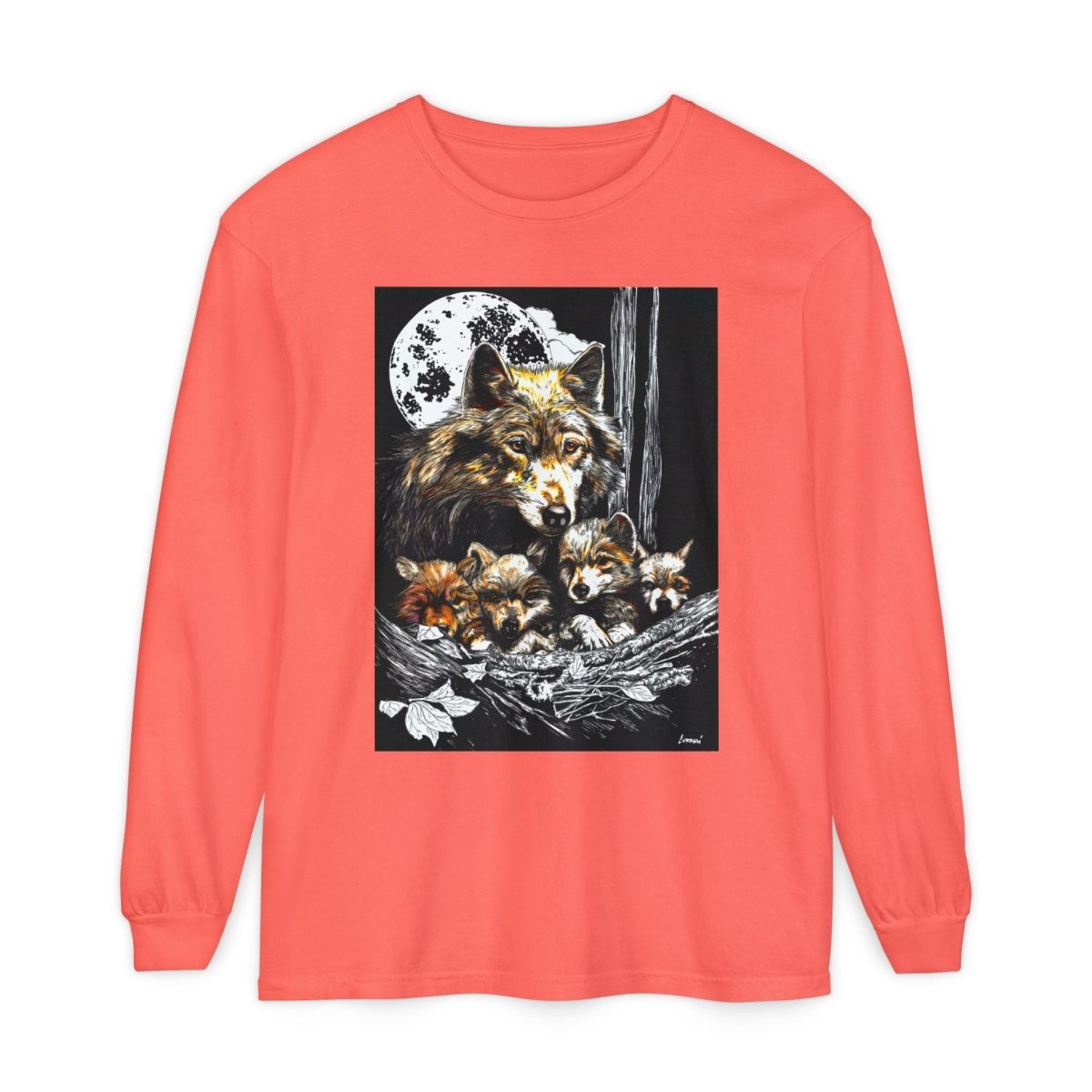 Moonlit Wolf Family Long Sleeve Tee - Unisex Garment - Dyed T-Shirt - Curran Artworks