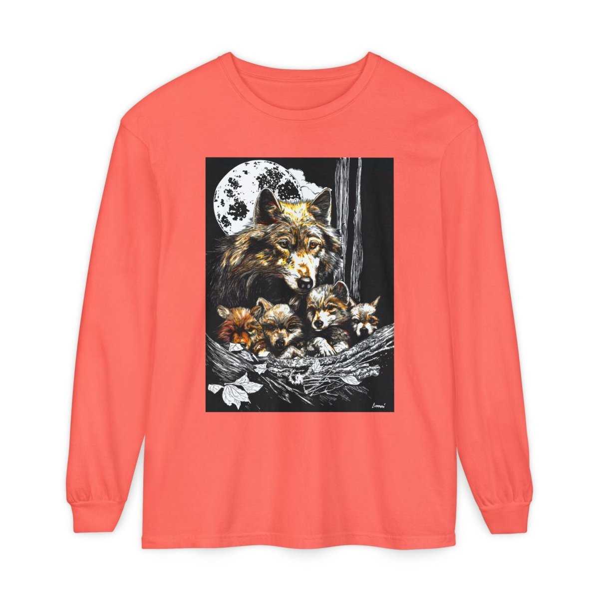 Moonlit Wolf Family Long Sleeve Tee - Unisex Garment - Dyed T-Shirt - Curran Artworks