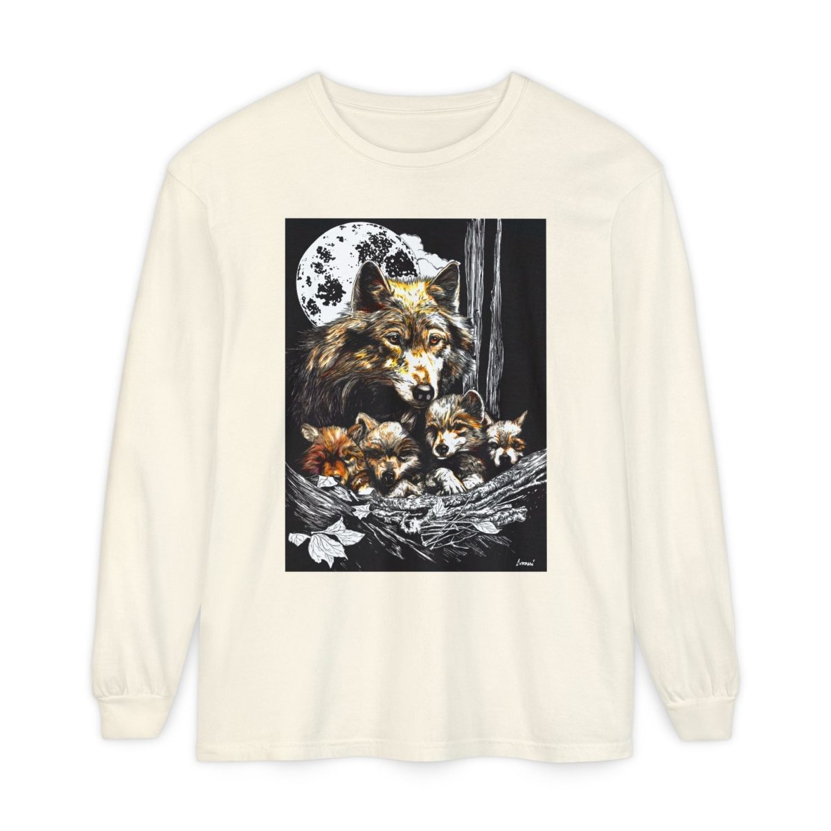 Moonlit Wolf Family Long Sleeve Tee - Unisex Garment - Dyed T-Shirt - Curran Artworks