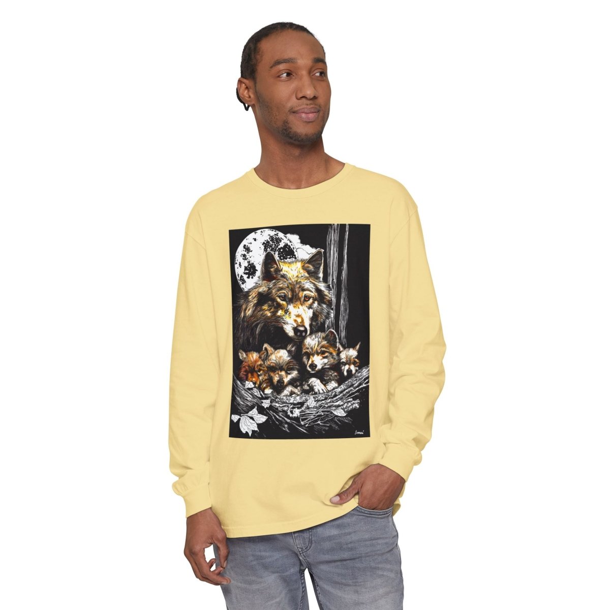 Moonlit Wolf Family Long Sleeve Tee - Unisex Garment - Dyed T-Shirt - Curran Artworks