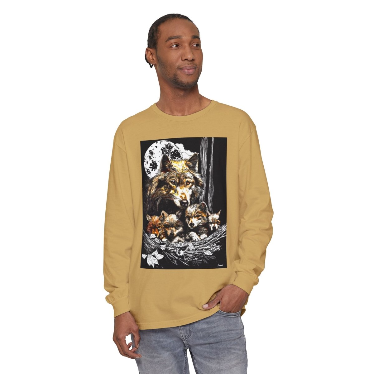 Moonlit Wolf Family Long Sleeve Tee - Unisex Garment - Dyed T-Shirt - Curran Artworks