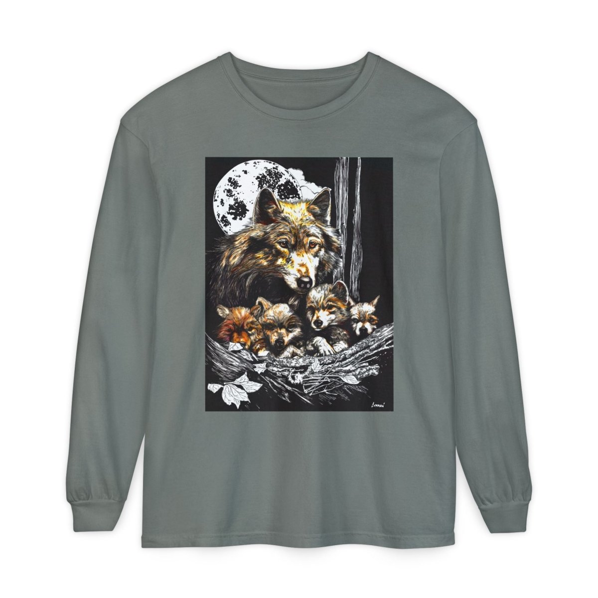 Moonlit Wolf Family Long Sleeve Tee - Unisex Garment - Dyed T-Shirt - Curran Artworks