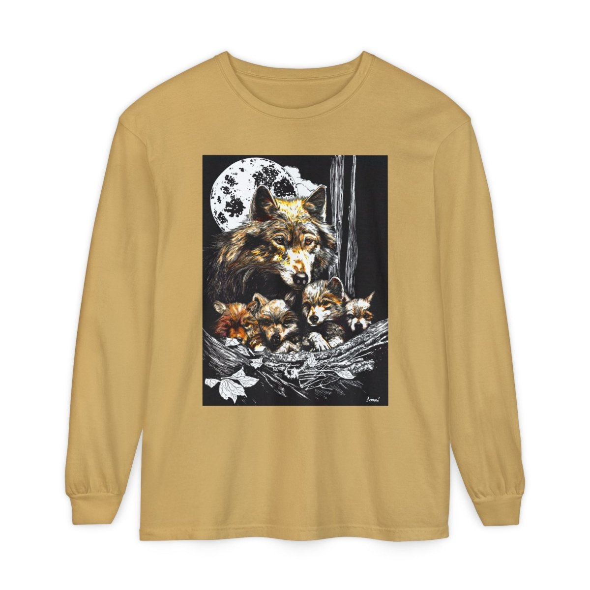 Moonlit Wolf Family Long Sleeve Tee - Unisex Garment - Dyed T-Shirt - Curran Artworks
