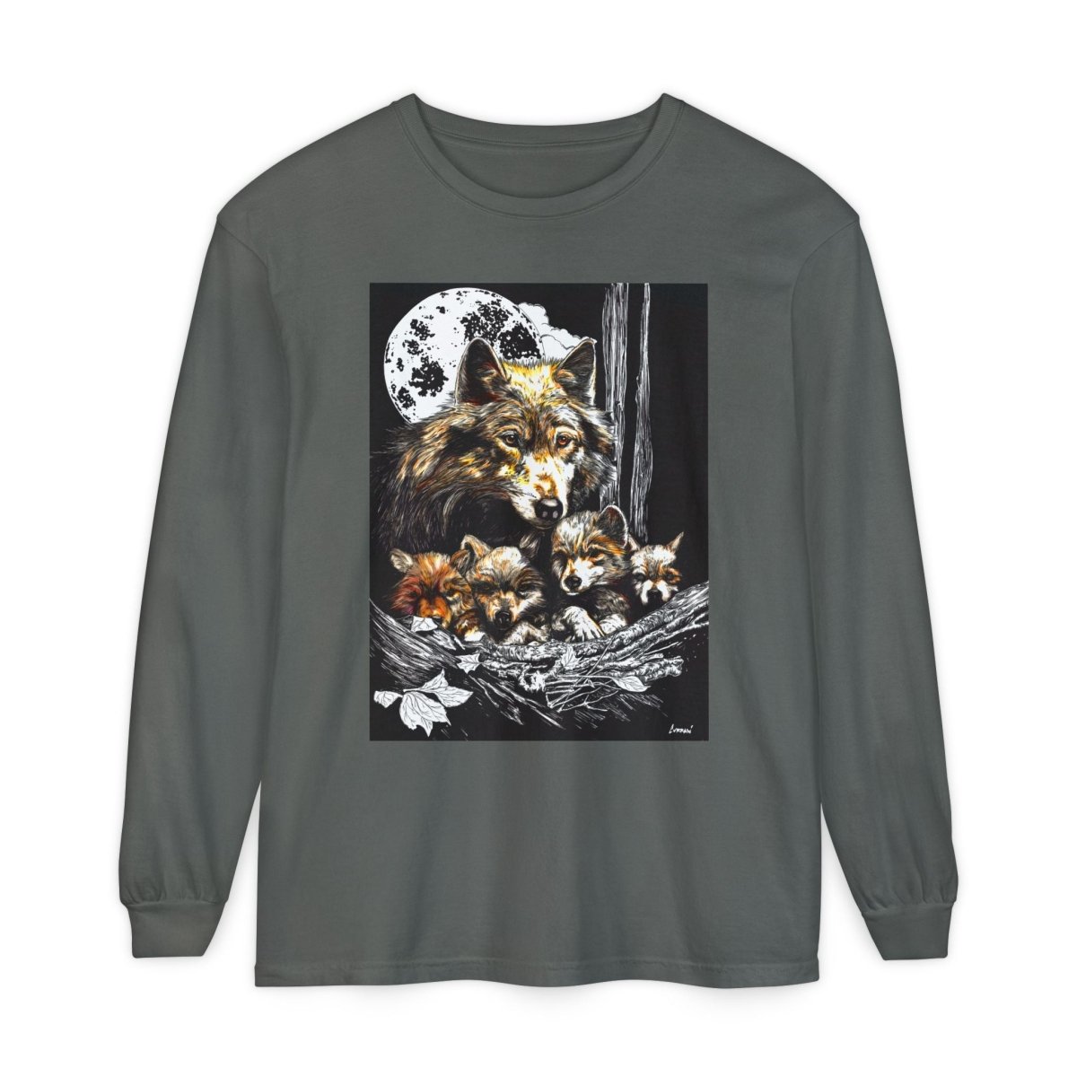 Moonlit Wolf Family Long Sleeve Tee - Unisex Garment - Dyed T-Shirt - Curran Artworks