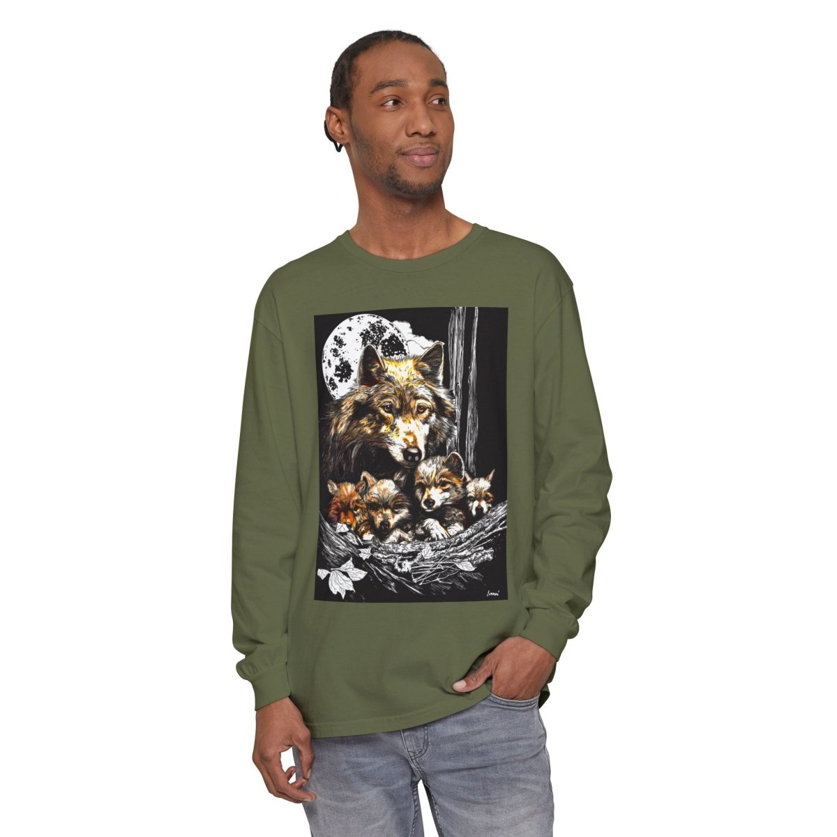 Moonlit Wolf Family Long Sleeve Tee - Unisex Garment - Dyed T-Shirt - Curran Artworks