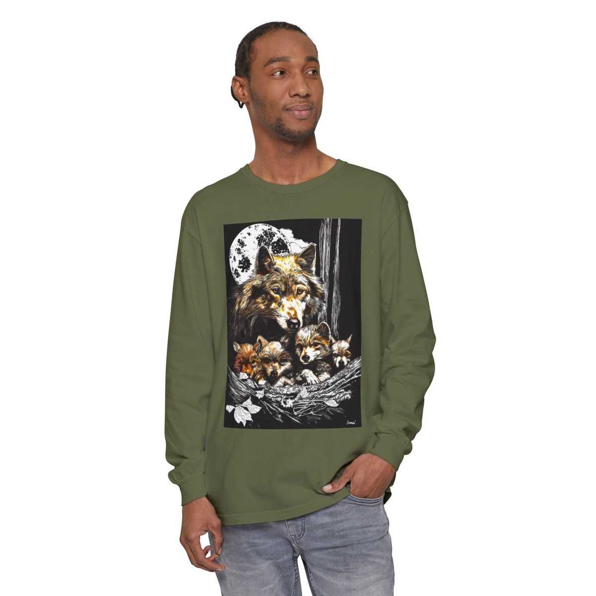 Wolf Family Long Sleeve Tee - Unisex Garment-Dyed T-Shirt