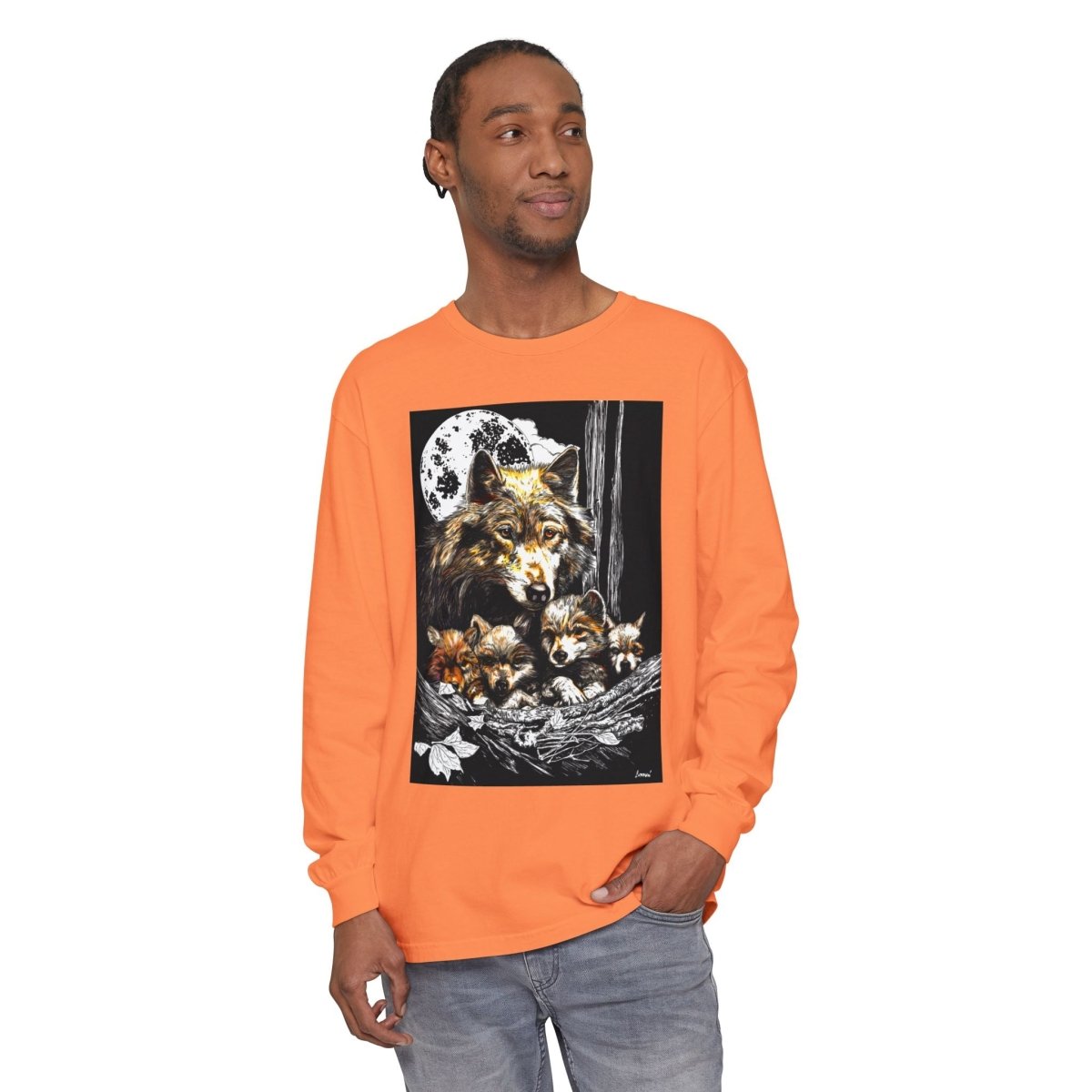 Moonlit Wolf Family Long Sleeve Tee - Unisex Garment - Dyed T-Shirt - Curran Artworks
