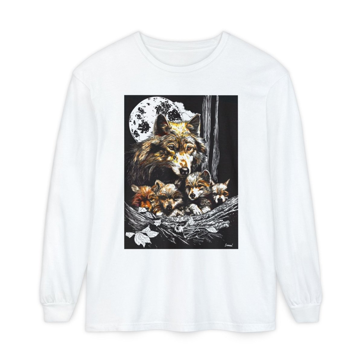 Moonlit Wolf Family Long Sleeve Tee - Unisex Garment - Dyed T-Shirt - Curran Artworks